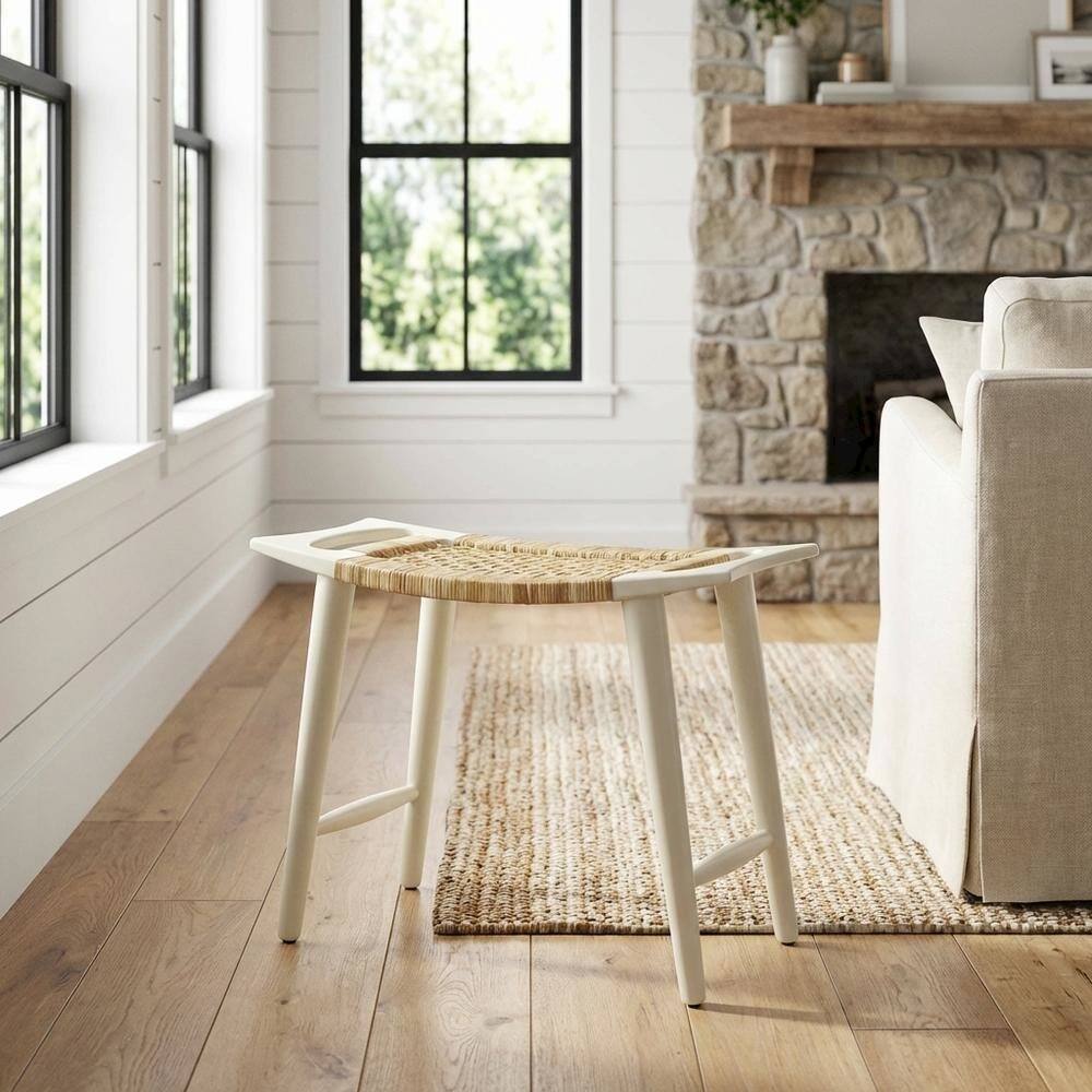 Alt View 4. Starlight Canyon Home - Distressed Wood Accent Stool, Coastal Style Accent Seating for Living Room - White.