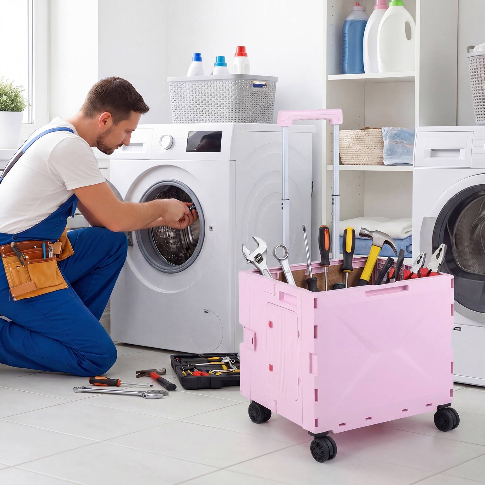 Alt View 1. Gymax - Gymax Foldable Utility Cart on 4 Rotate Wheels w/Telescoping Handle Lid & Cup Holder Pink - Pink.