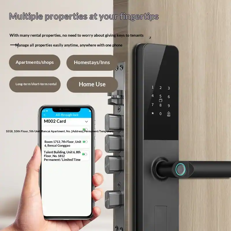 Multiple properties at your fingertips

With many rental properties, no need to worry about giving keys to tenants. Manage all properties easily anytime, anywhere with one phone.

Apartments/shops  
Homestays/Inns  
Long-term/short-term rental  
Home Use

M002 Card  
1018, 10th Floor, 5th Unit, Rencai Apartment, No. [Address], Permanent/Temporary  
Room 1713, 7th Floor, Unit 6, Rencai Gonggao Talent Building, Unit 6, 8th Floor, No. 1812, Permanent/Limited Time