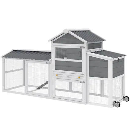 Front. Pawhut - Coop with Wheels, 80" L Mobile Hen House with Run, Outdoor Wooden Chicken House with Nesting Box - Gray.
