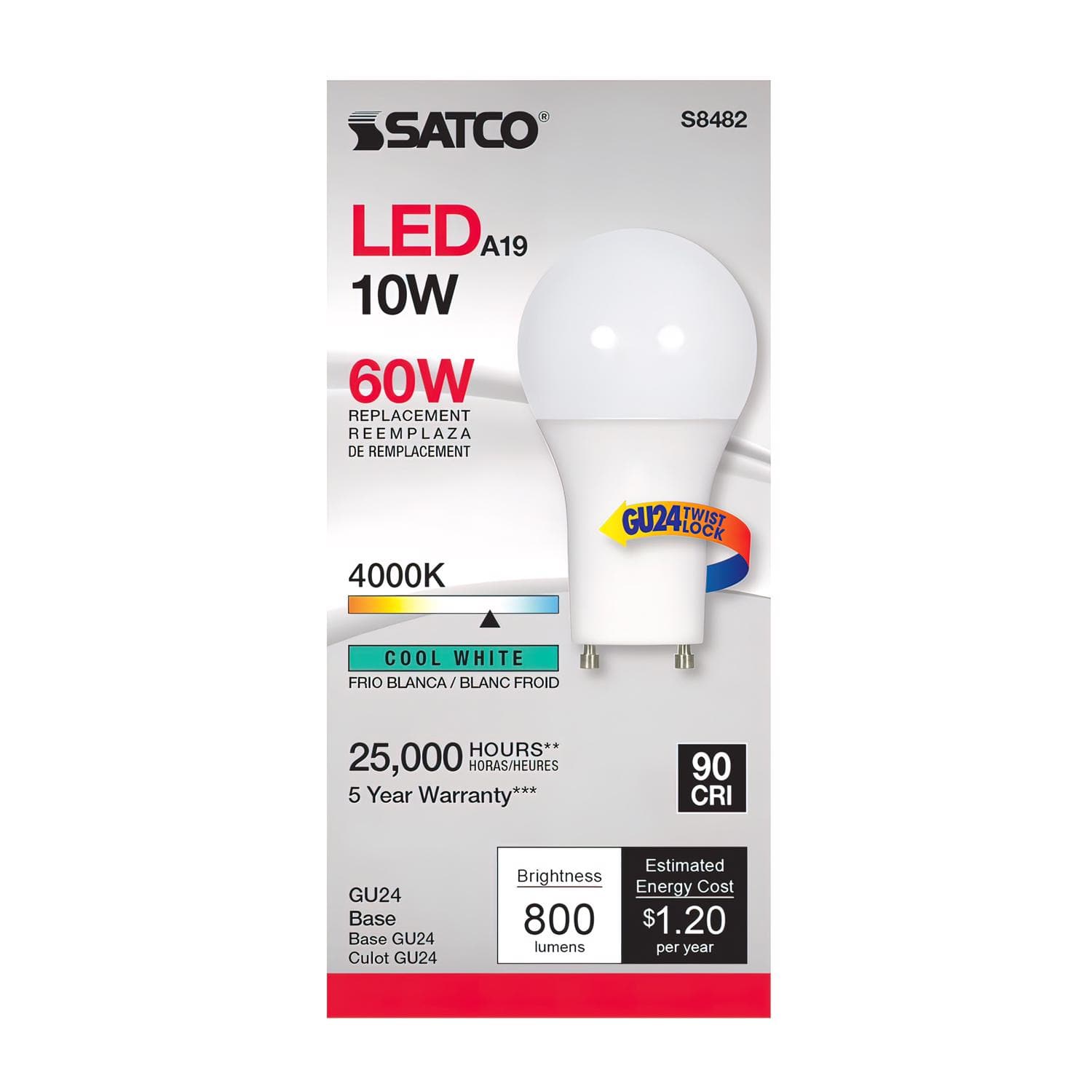 SATCO - A19 GU24 LED Bulb Cool White 60 Watt Equivalence 1 pk