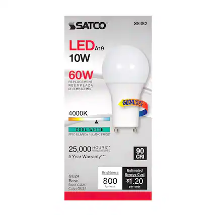 SATCO S8482 LED A19 10W 60W REPLACEMENT REEMPLAZA DE REMPLACEMENT 4000K GU24 TWIST LOCK COOL WHITE FRIO BLANCA / BLANC FROID HOURS** 25,000 HORAS/HEURES 5 Year Warranty*** 90 CRI GU24 Base Base GU24 Culot GU24 Estimated Brightness Energy Cost 800 $1.20 lumens per year