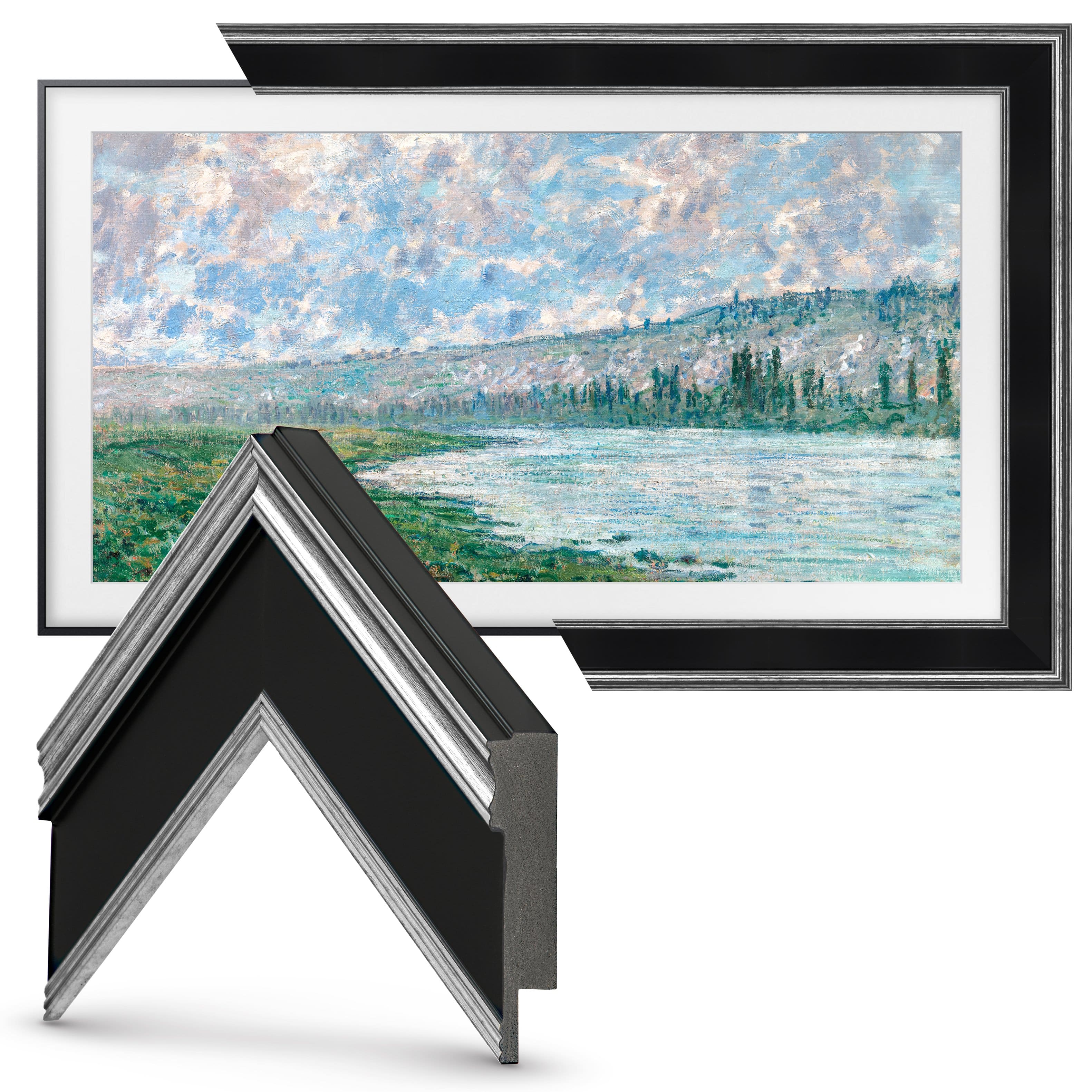 Left. Deco TV Frames - Premiere Bezel for Samsung the Frame TV - 85" - Antique Silver & Black.