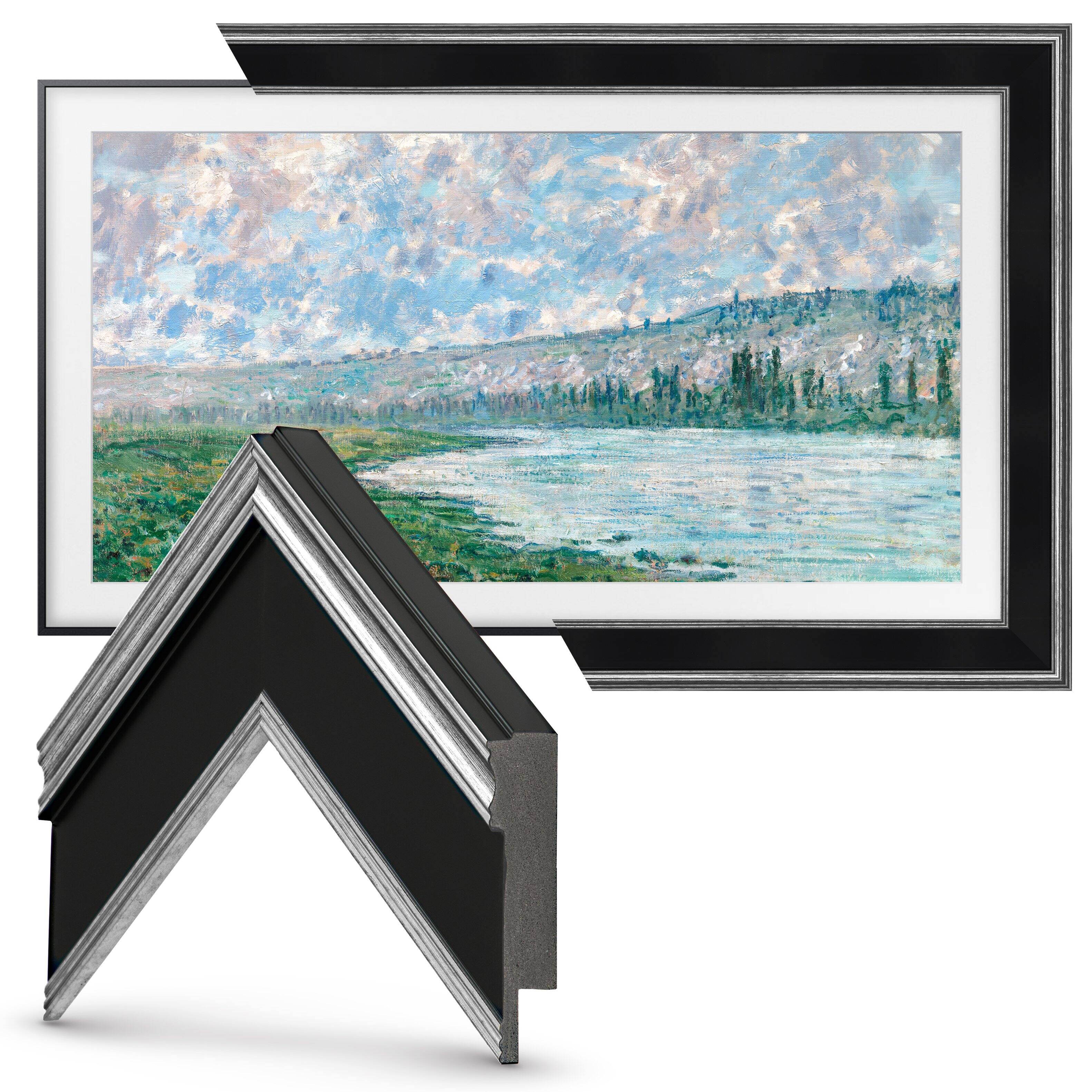 Left. Deco TV Frames - Premiere Bezel for Samsung the Frame TV - 75" - Antique Silver & Black.