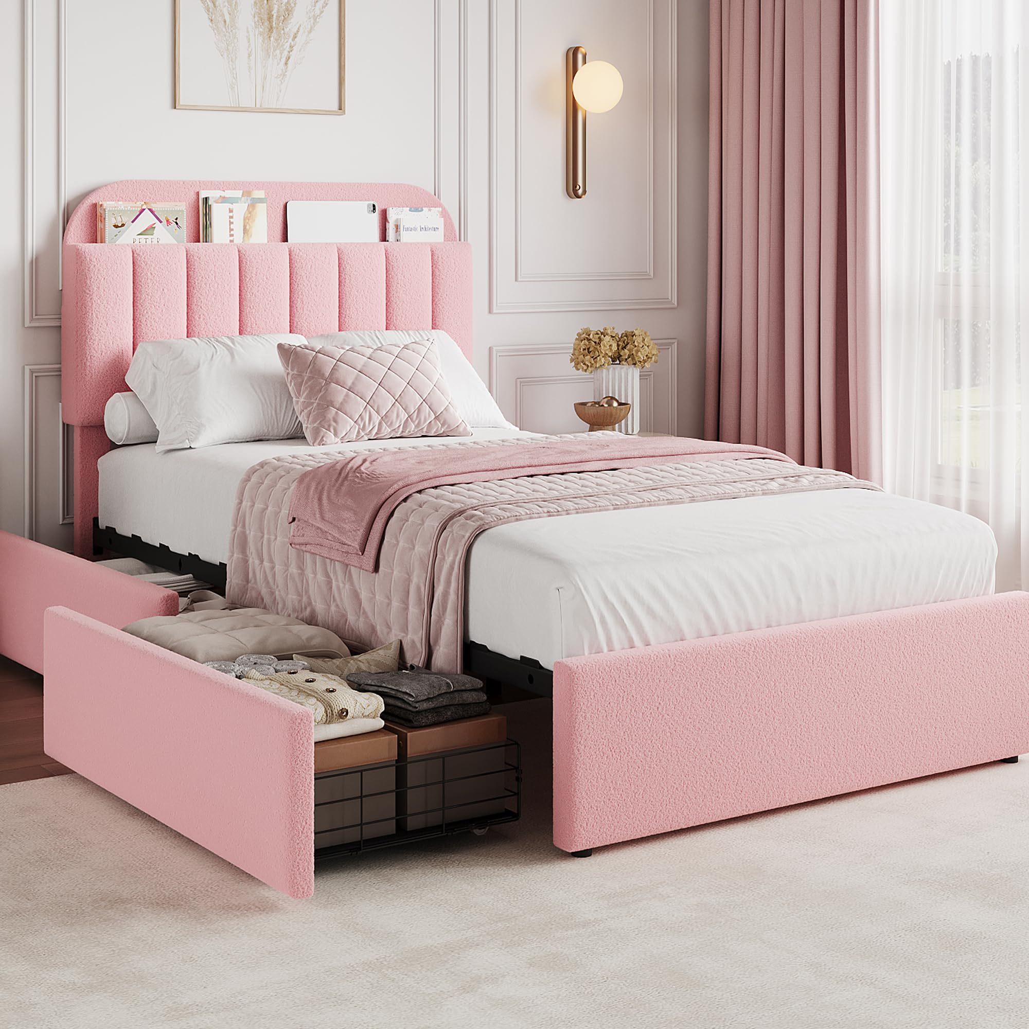 Acekool - Twin XL Bed Frame with 2 Flexible Drawers and Bookcase Headboard, Boucle Upholstered Platform Bed for Boys/Girls - Pink