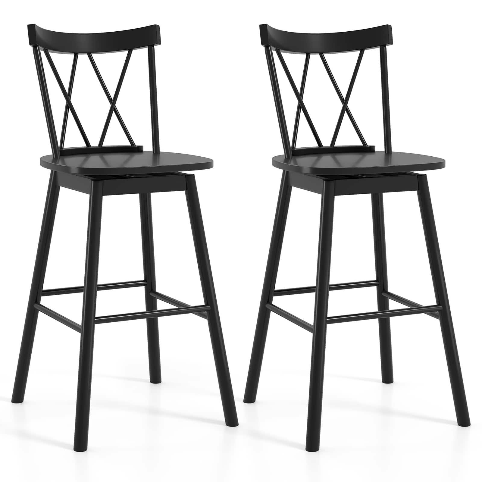 Gymax - Windsor Bar Stool Set of 2 29'' Swivel Rubber Wood Dining Chairs Spacious Seat - Black