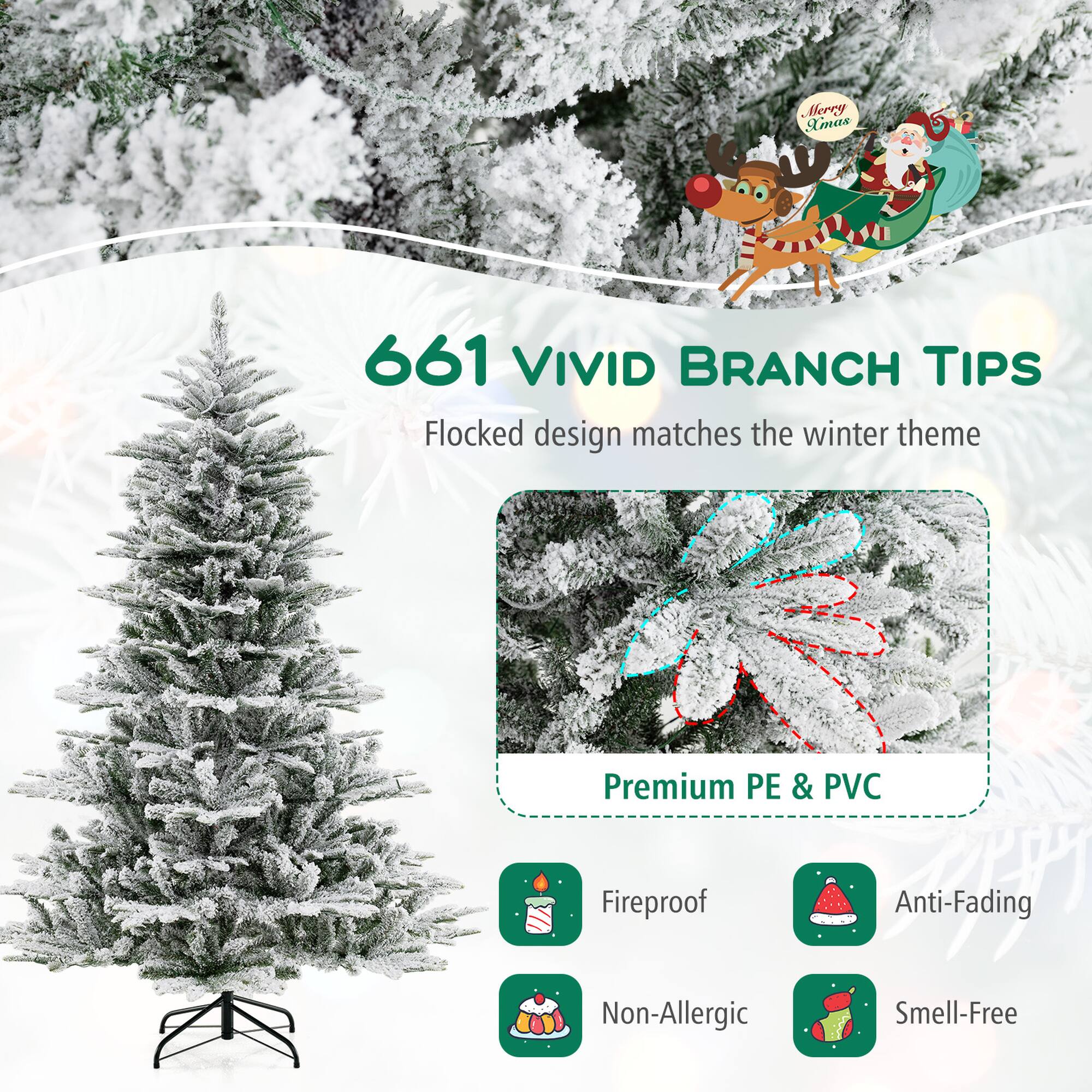 Merry Xmas, 661 VIVID BRANCH TIPS, Flocked design matches the winter theme, Premium PE & PVC, Fireproof, Anti-Fading, Non-Allergic, Smell-Free