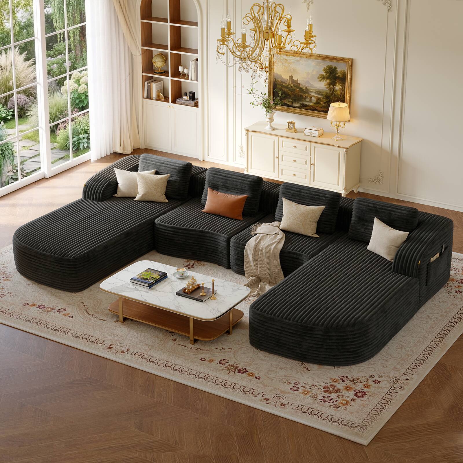Angle. Pinmoco - PINMOCO Modular Sectional Sofa, Sleeper Sofa Bed with 3 Pillows, Boneless Couch with Side Pockets - U-Shape Black.
