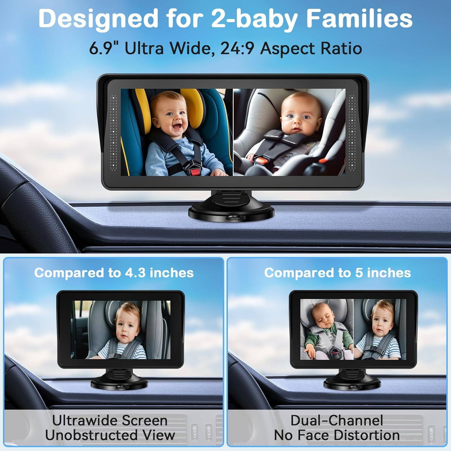 Designed for 2-baby Families  
6.9" Ultra Wide, 24:9 Aspect Ratio  

Compared to 4.3 inches  
Ultrawide Screen Unobstructed View  

Compared to 5 inches  
Dual-Channel No Face Distortion