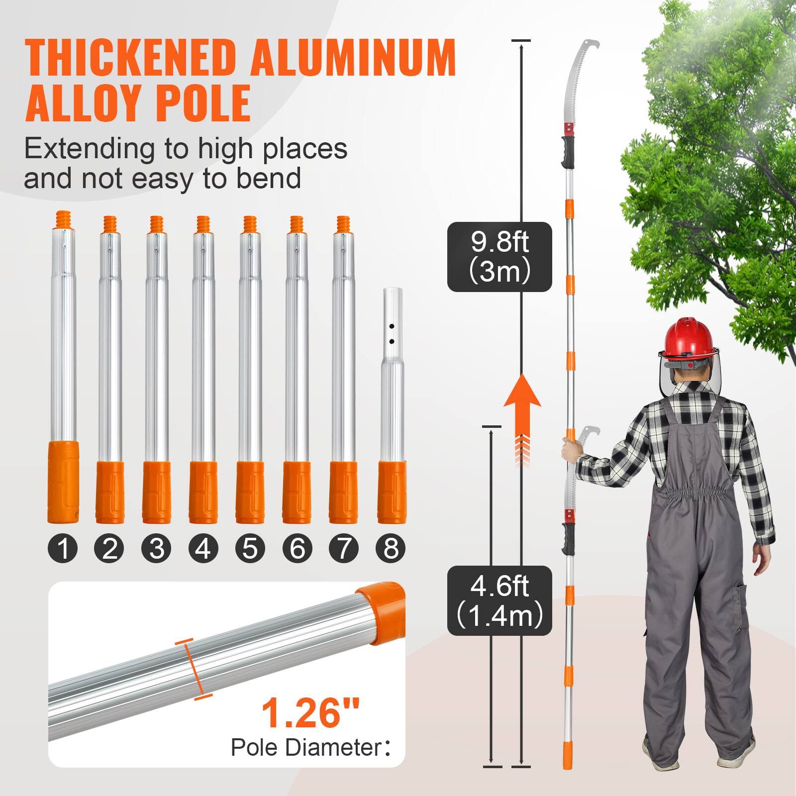 THICKENED ALUMINUM ALLOY POLE  
Extending to high places and not easy to bend  

9.8ft (3m)  
4.6ft (1.4m)  

1.26"  
Pole Diameter:
