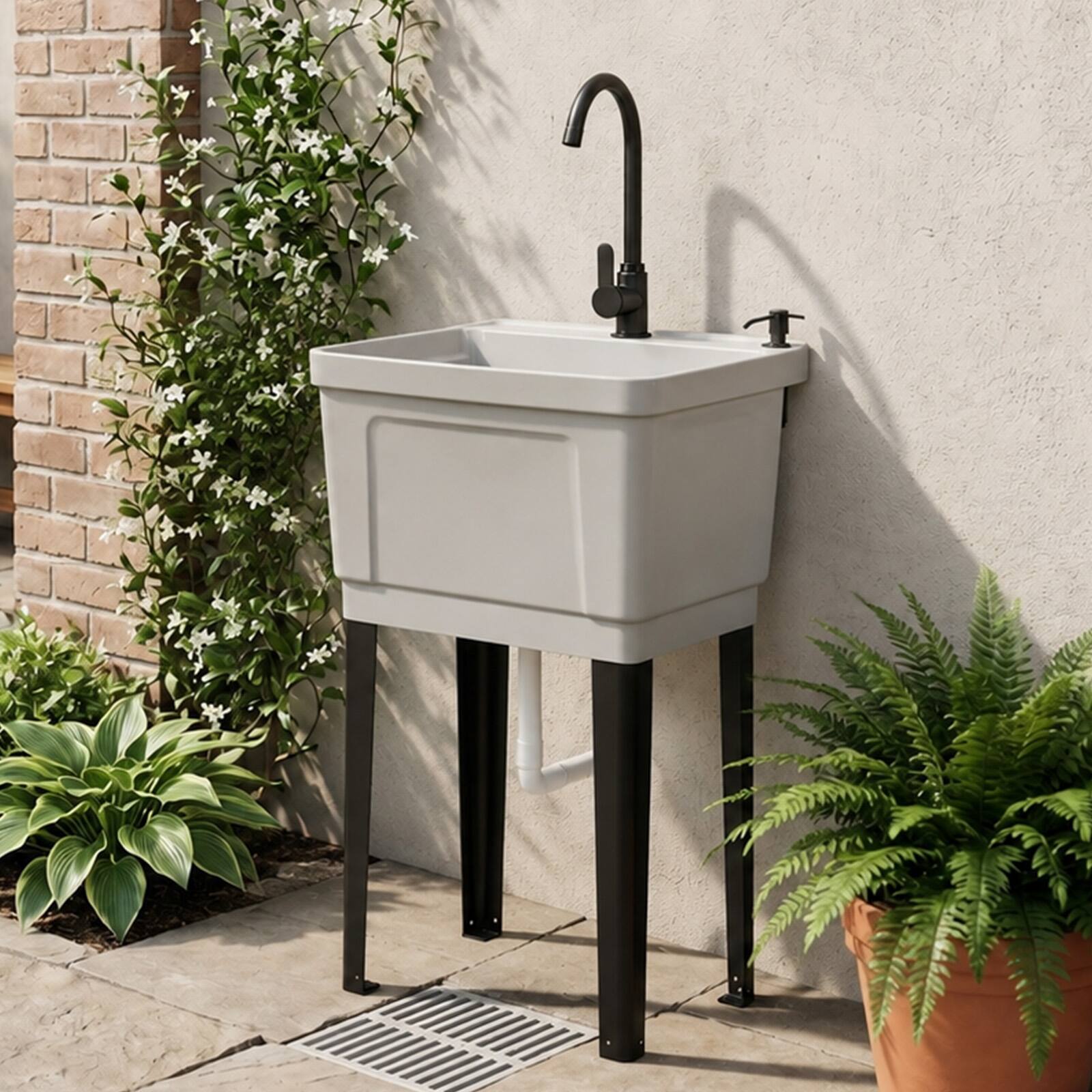 Alt View 3. Winado - Freestanding Utility Sink with Stainless Steel Faucet, Pop Up Drain, Soap Dispenser, Adjustable Leveler for Pet Grooming - Grey.
