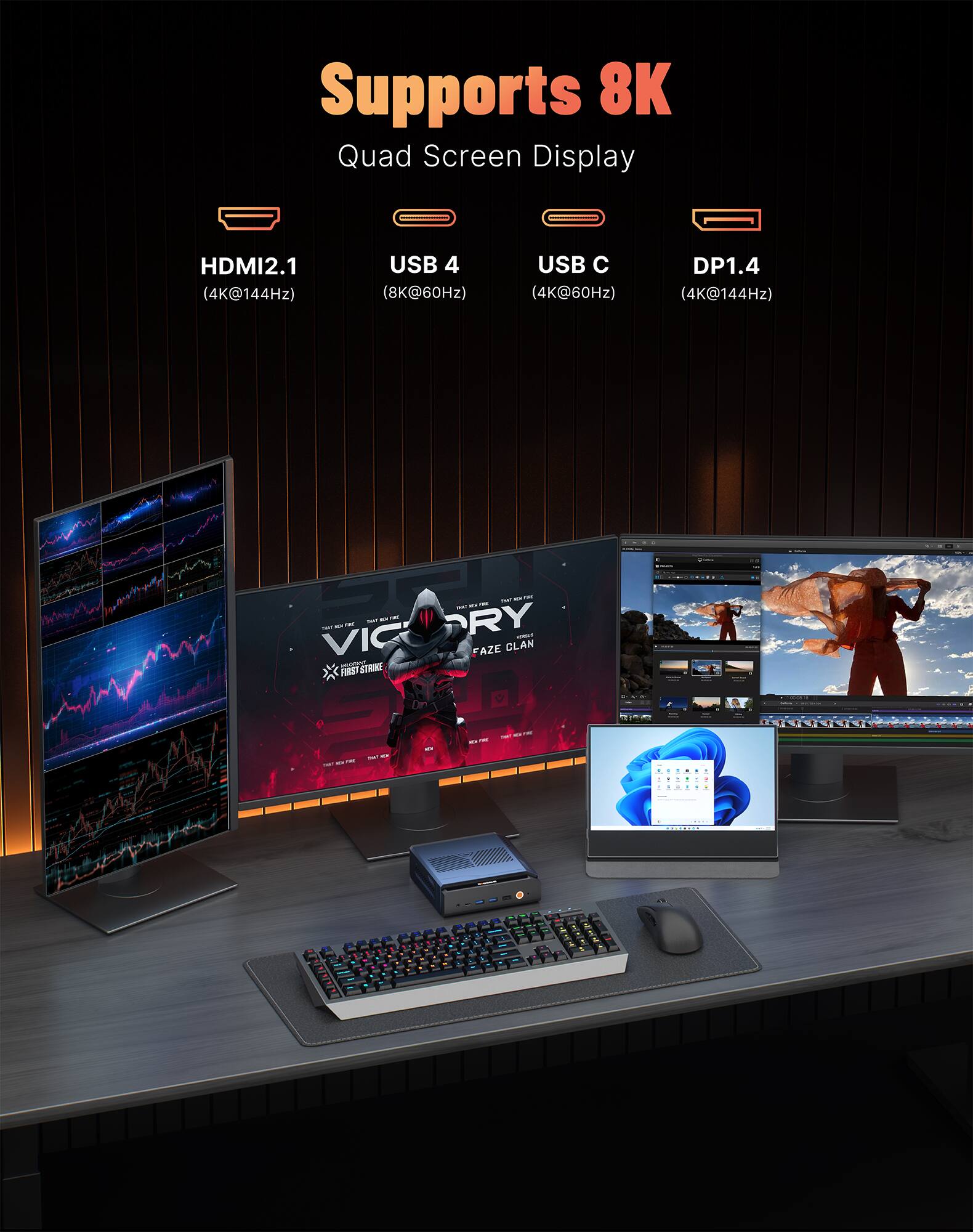 Supports 8K Quad Screen Display  
HDMI2.1 (4K@144Hz)  
USB 4 (8K@60Hz)  
USB C (4K@60Hz)  
DP1.4 (4K@144Hz)  

VIC READER FAZE CLAN MANE FIRST STRIKE  
COME  
a  
cal  
FIVE