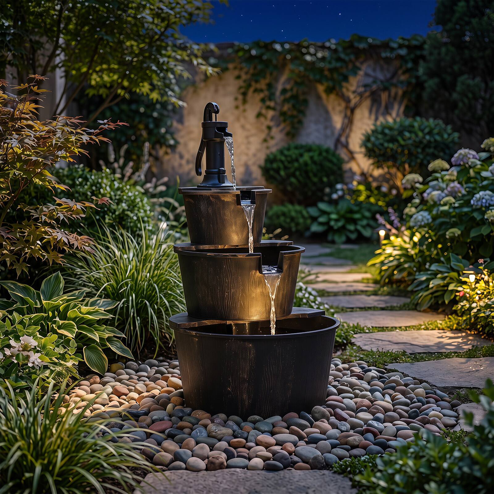 Alt View 4. Costway - Costway 3-Tier Outdoor Barrel Waterfall Fountain with Cascading Water Flow & Electric Pump - Bronze & Black.