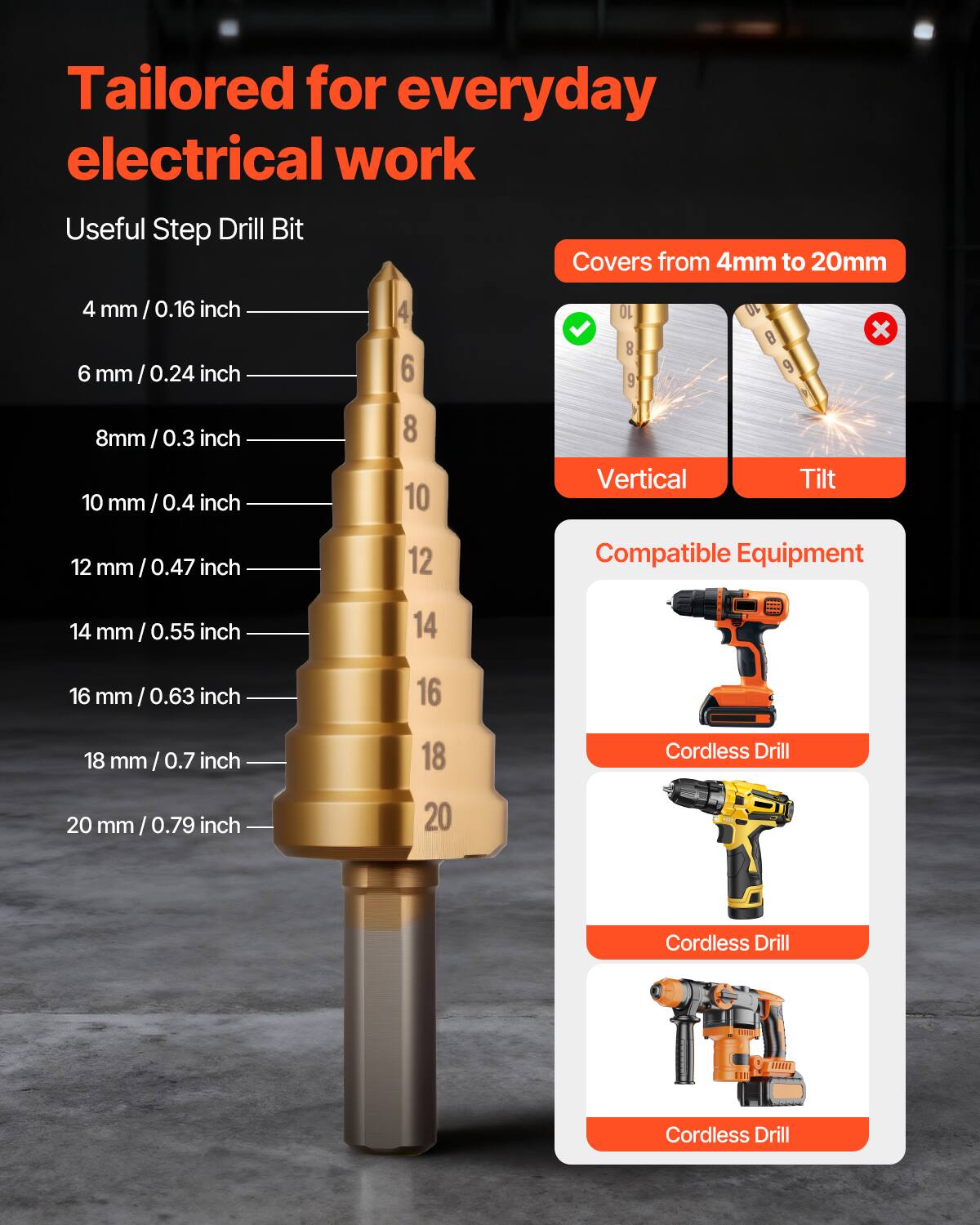 Tailored for everyday electrical work

Useful Step Drill Bit

4 mm / 0.16 inch  
6 mm / 0.24 inch  
8 mm / 0.3 inch  
10 mm / 0.4 inch  
12 mm / 0.47 inch  
14 mm / 0.55 inch  
16 mm / 0.63 inch  
18 mm / 0.7 inch  
20 mm / 0.79 inch  

Covers from 4mm to 20mm  
Vertical Tilt  

Compatible Equipment  
Cordless Drill  
Cordless Drill  
Cordless Drill
