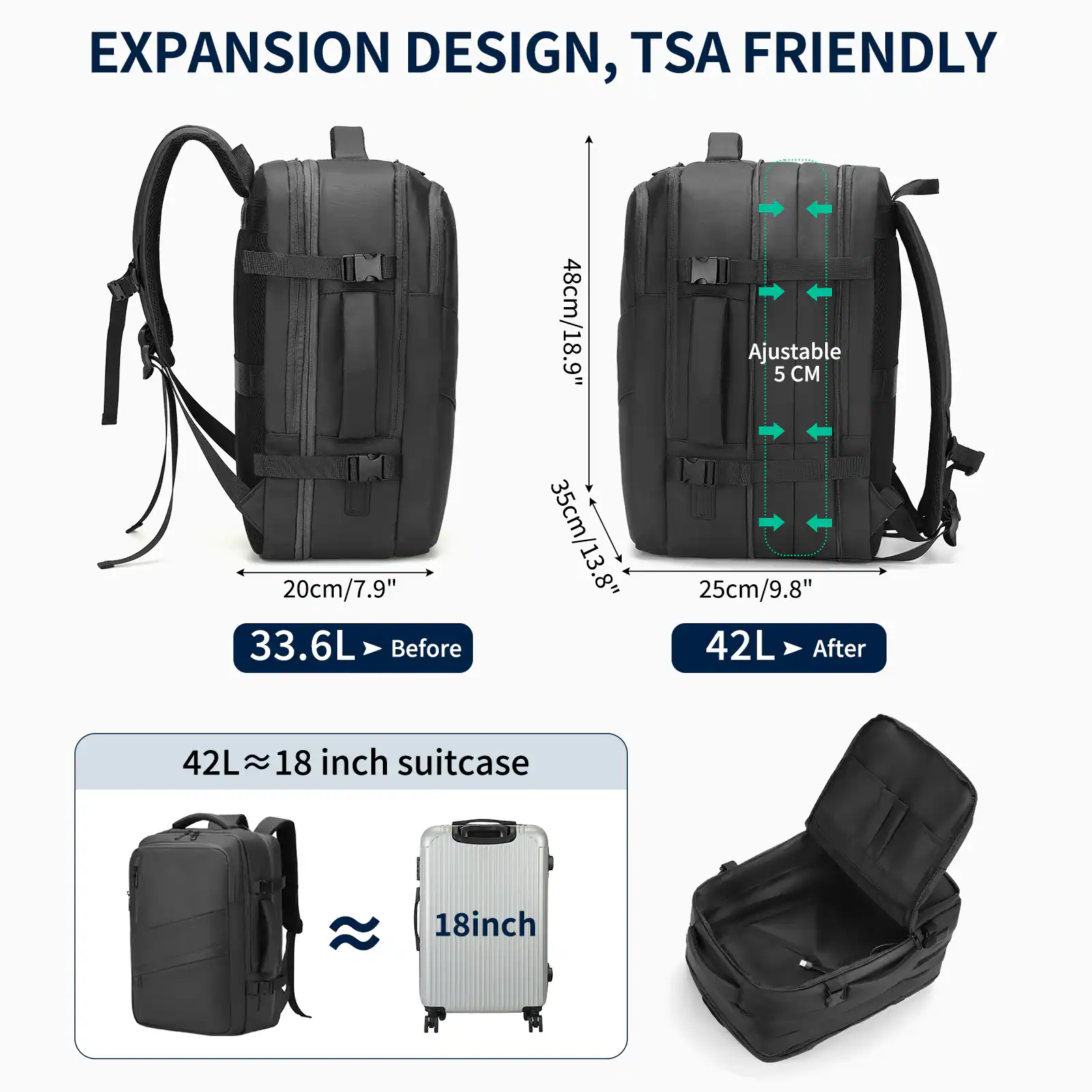 EXPANSION DESIGN, TSA FRIENDLY

20cm/7.9" 33.6L Before  
48cm/18.9" 35cm/13.8"  
Ajustable 5 CM  
25cm/9.8" 42L After  

42L ≈ 18 inch suitcase  
18 inch