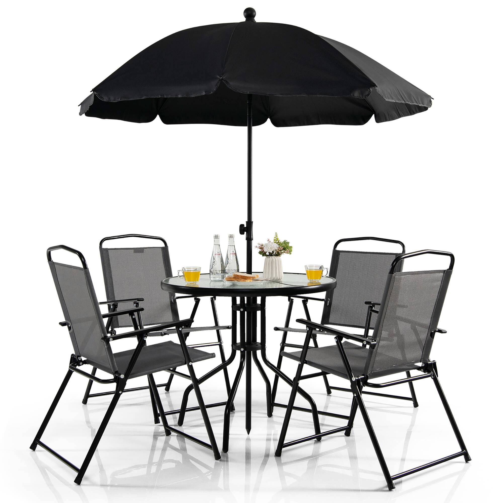 Alt View 7. Gymax - Gymax 6PCS Patio Garden Dining Set w/ Round Table & 4 Folding Chairs &  Umbrella - Grey + Black.