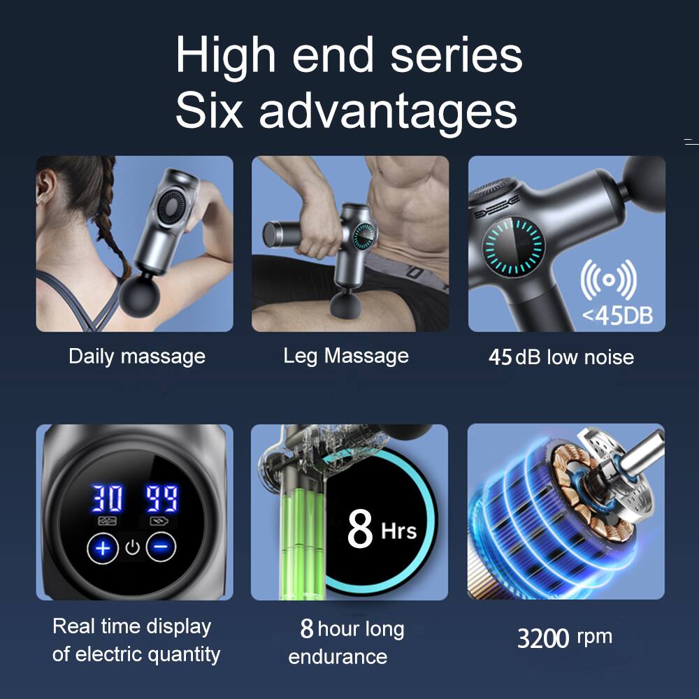 High end series  
Six advantages

- Daily massage
- Leg Massage
- 45 dB low noise
- Real time display of electric quantity
- 8 hour long endurance
- 3200 rpm