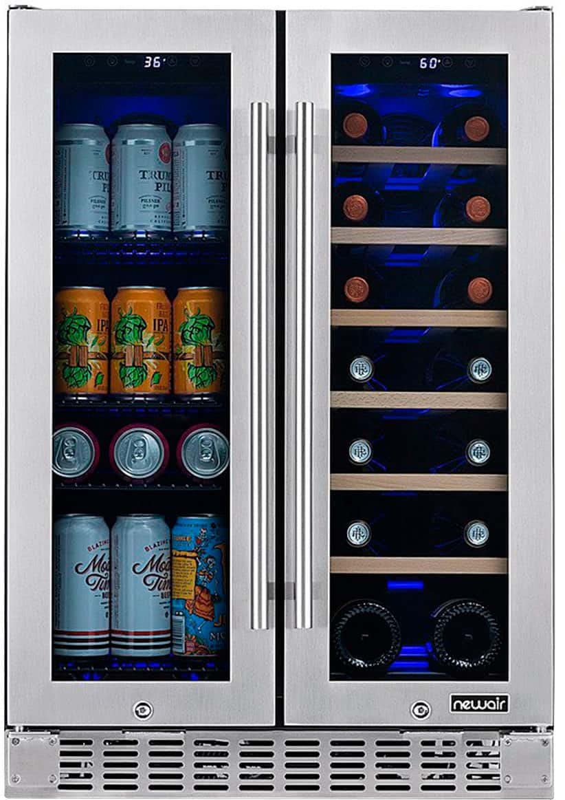 The text on the image reads: "36 60 CRU F T.RU PI PILENER TR PILENER IPA 1 9 BLAZING BLAZING M Moi T Tun BEL MO newair." This text is likely a combination of various beer and wine bottle labels, along with a refrigerator brand name. The refrigerator is a wine and beer cooler, and it contains a variety of beverages, including canned and bottled drinks.