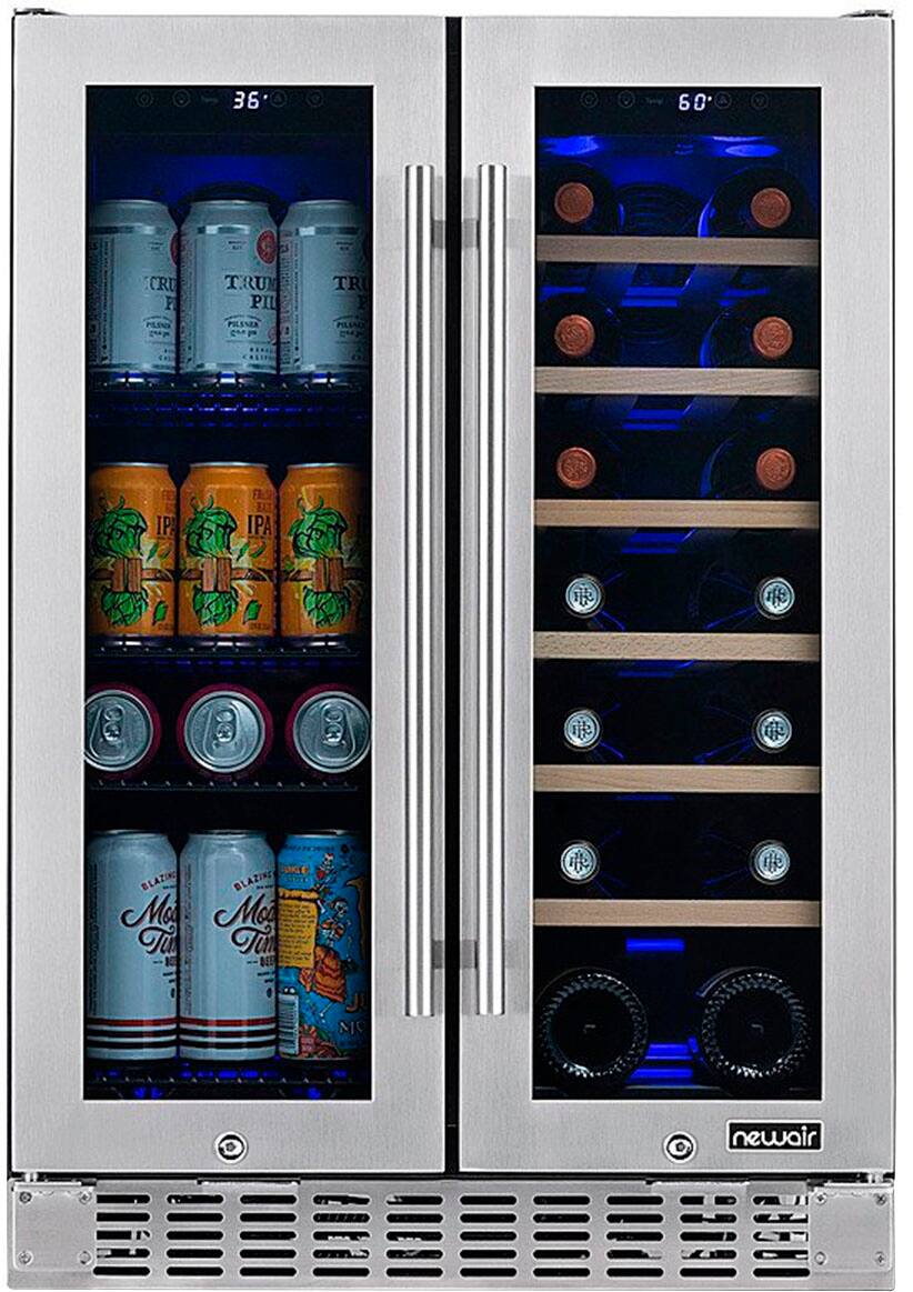 The text on the image reads: "36 60 CRU F T.RU PI PILENER TR PILENER IPA 1 9 BLAZING BLAZING M Moi T Tun BEL MO newair." This text is likely a combination of various beer and wine bottle labels, along with a refrigerator brand name. The refrigerator is a wine and beer cooler, and it contains a variety of beverages, including canned and bottled drinks.