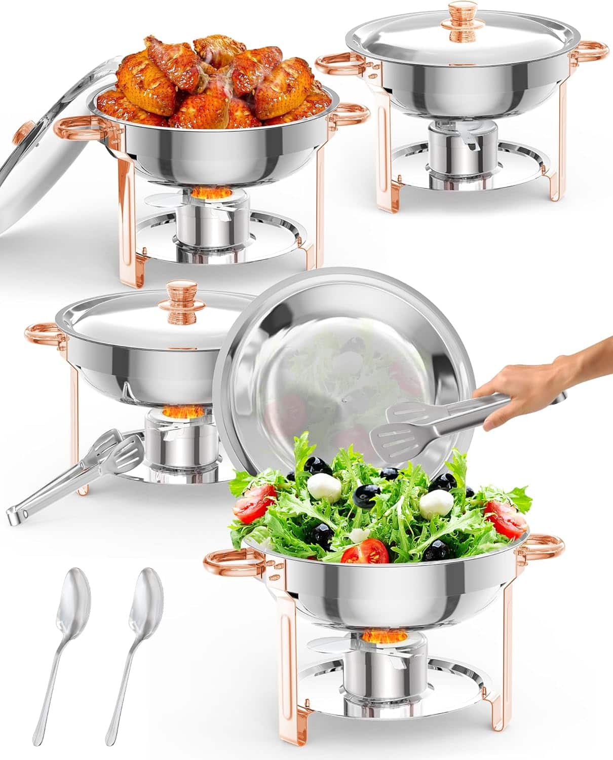 Acekool - Chafing Dish for Buffet 4 Pack,Stainless Steel Chafers with Spoon and Tweezers for Parties - Rose Gold