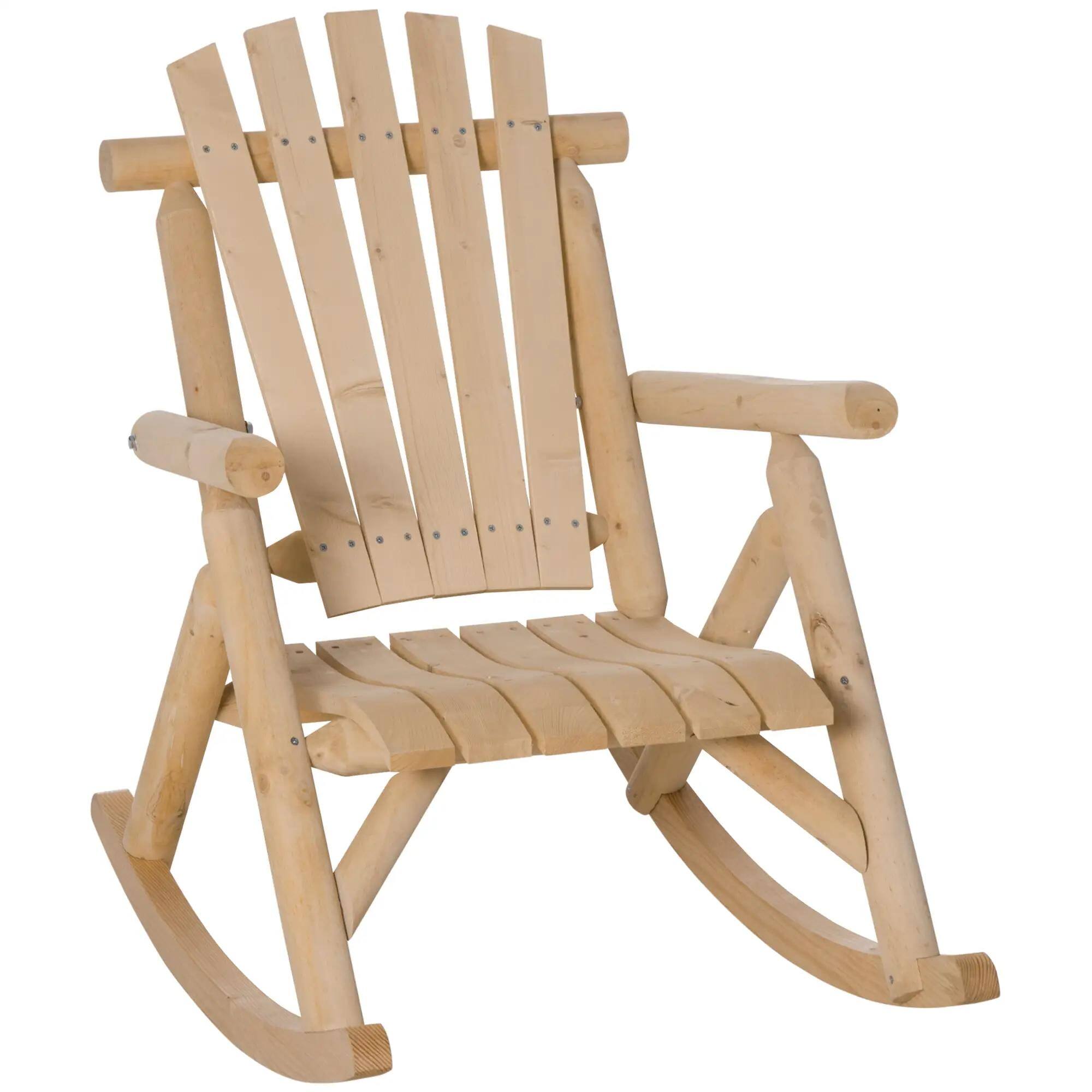 Resenkos - Adirondack Single-Person Rocking Chair, Natural Slatted Seat, High-Back, Armrests - Natural Wood