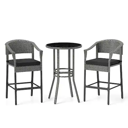 Front. Gymax - Gymax 3-Piece Patio Bar Set Outdoor Wicker Bar Height Round Table & Armchairs Set - Mix Brown & Off White.