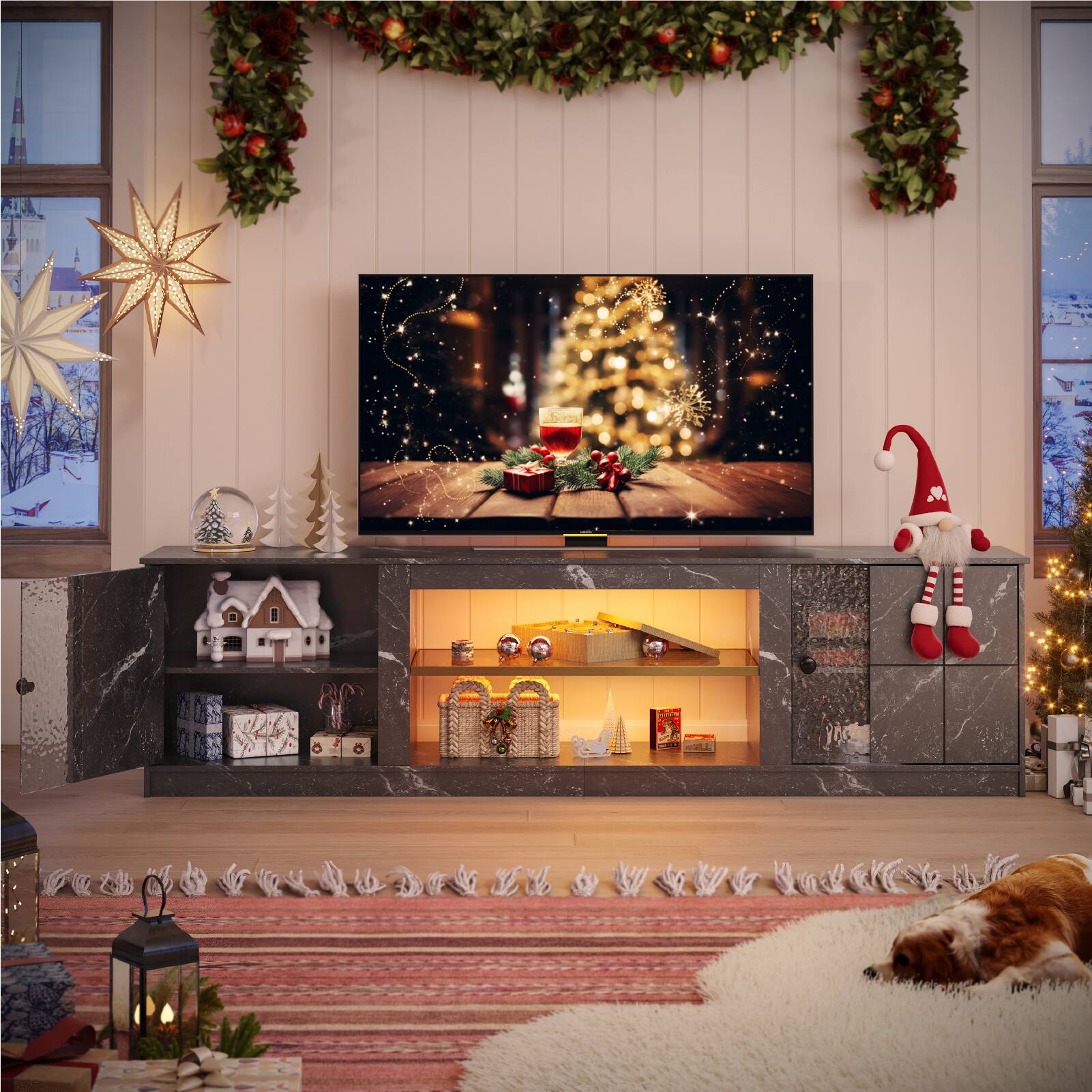 Left. Pinmoco - Pinmoco - 70 inch TV Stand for Up To 80 inches TVs with LED Lights Cabinets and Adjustable Shelves - Black Marble.