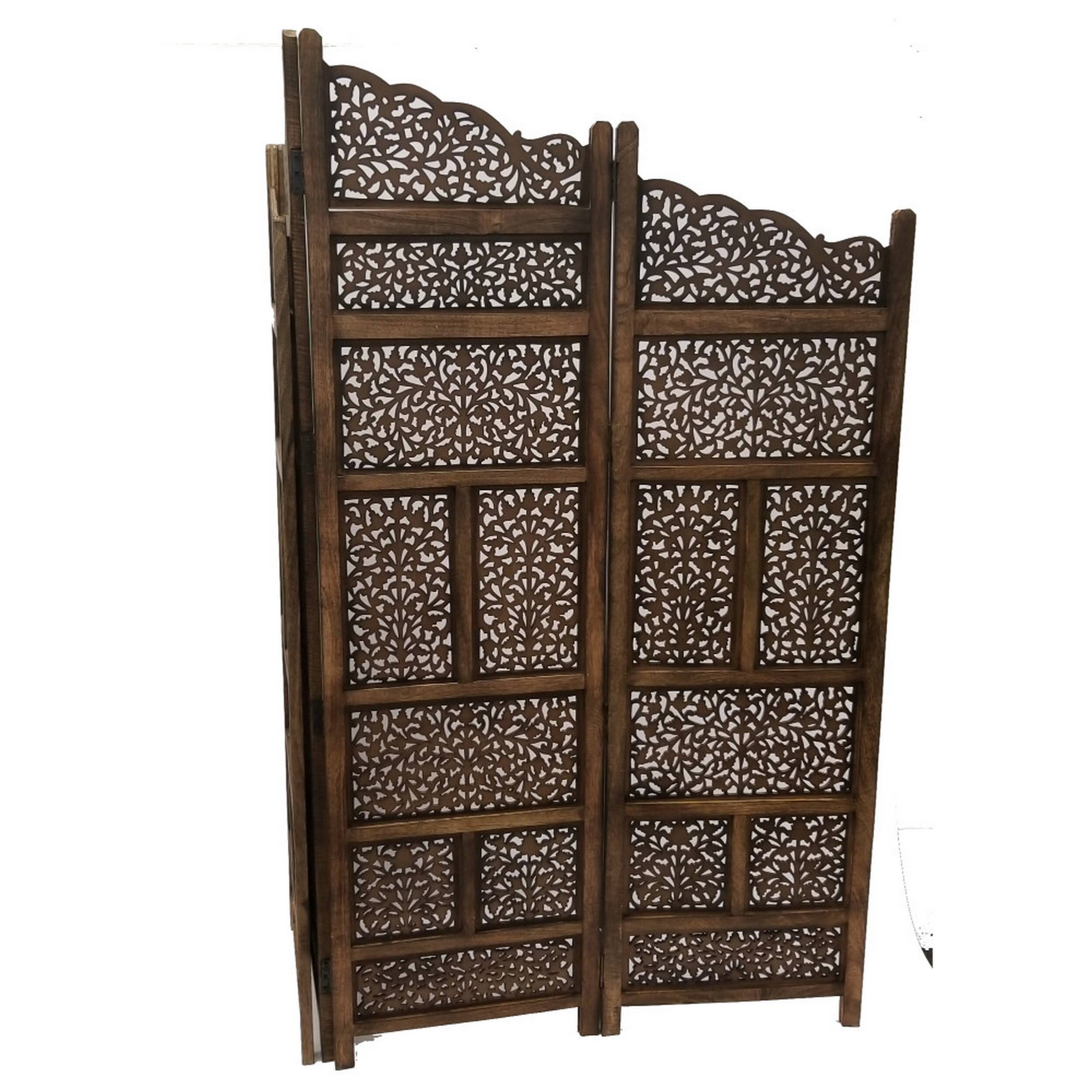 Left. Manhattan Lane - Benzara Hand Carved Foldable 4 Panel Wooden Partition Screen/RoomDivider - Brown.