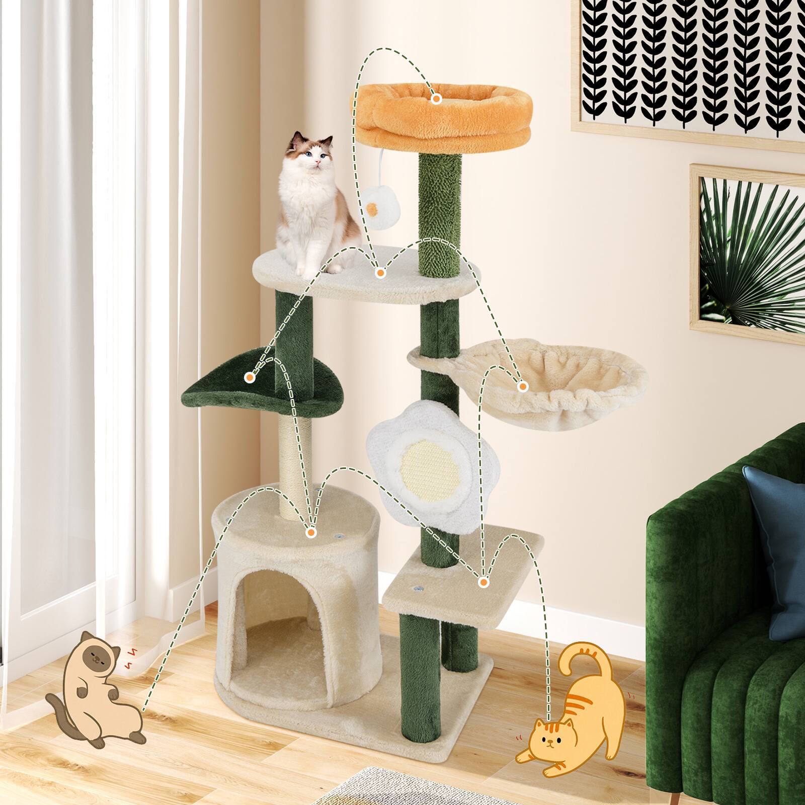 Alt View 4. Costway - Costway 45" Tall Cute Flower Cat Tree Modern Tower w/ Plush Top Perch Pet Furniture Activity Center - Green,Beige.
