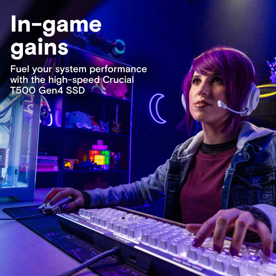 In-game gains: Fuel your system performance with the high-speed Crucial T500 Gen4 SSD.