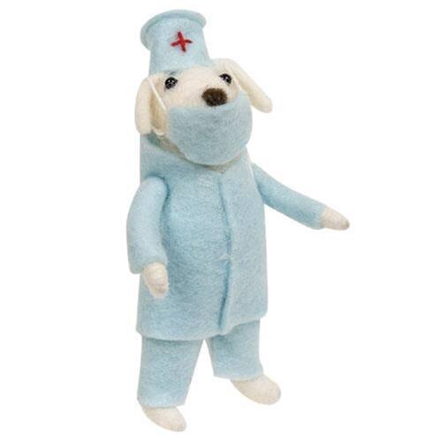 Front. BreeBe - *Doctor Dog Felted Ornament - White, Blue.