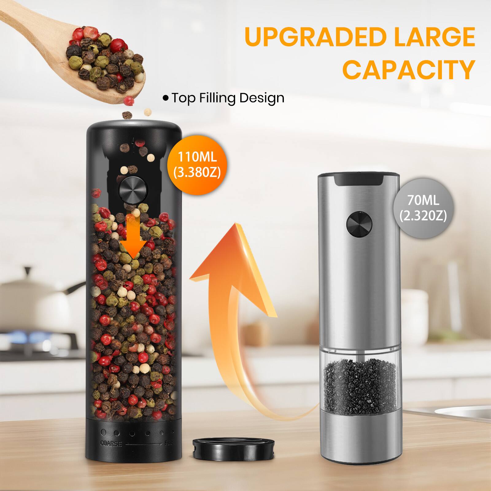 UPGRADED LARGE CAPACITY  
Top Filling Design  
110ML (3.38OZ)  
70ML (2.32OZ)  
COARSE