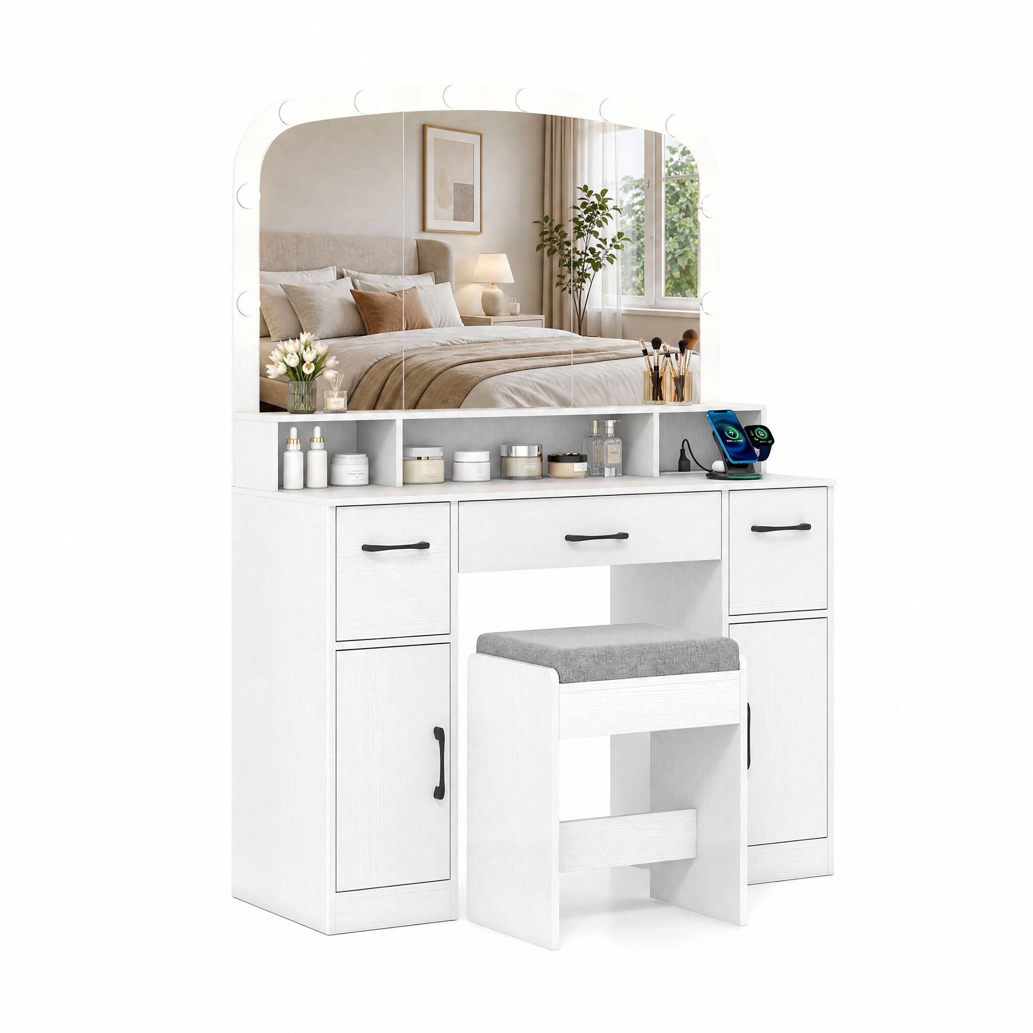 Alt View 4. WELLFOR - Vanity Desk with Arched Mirror and Lights,Makeup Vanity Table Set with Charging Station & Stool, Dressing Table - White.