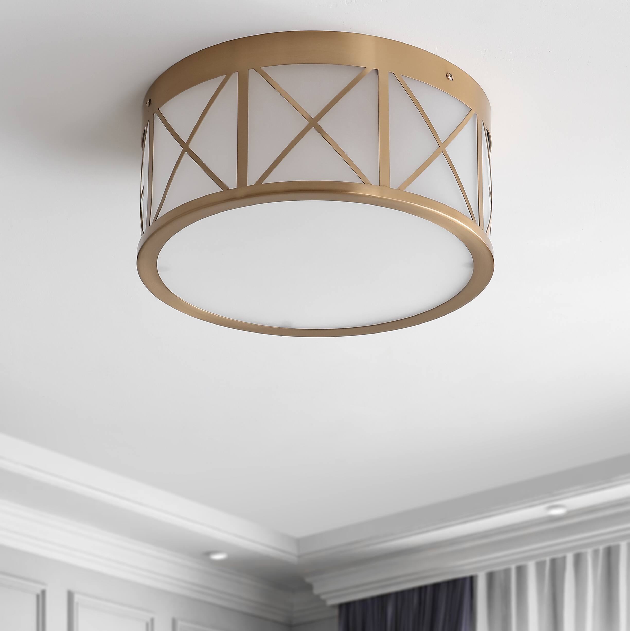Alt View 4. Jonathan Y - Cadence 13" Drum Metal/Glass Flush Mount, Brass Gold - Brass Gold.