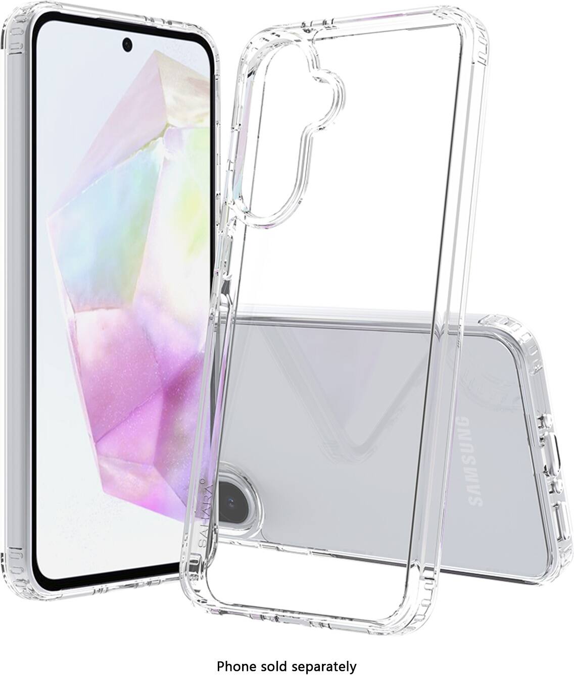 The image features a Samsung phone that is sold separately. The phone is displayed in a clear case, showcasing its design and features. The case is transparent, allowing the phone to be visible from all angles. The phone is positioned in a way that highlights its unique design and makes it stand out.