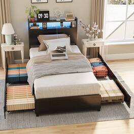 Winado - Bed Frame Twin Size with 4 Storage Drawers and Storage Headboard Metal Platform with Charging Station and LED Lights - Black