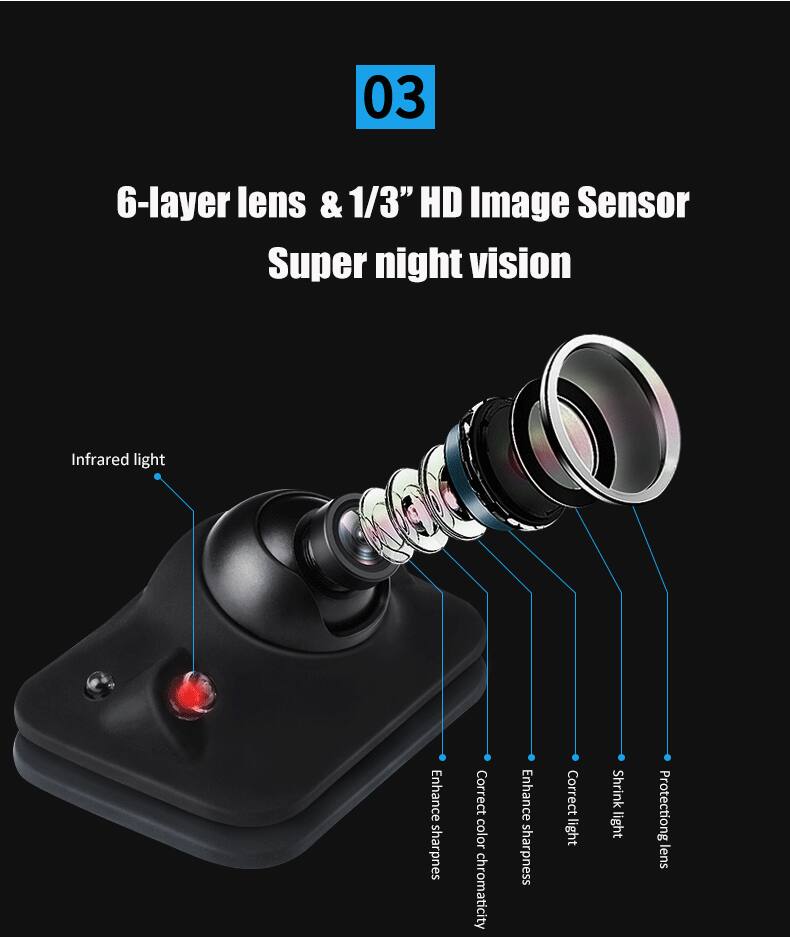 03  
6-layer lens & 1/3" HD Image Sensor  
Super night vision  

- Infrared light  
- Enhance sharpness  
- Correct color chromaticity  
- Enhance sharpness  
- Correct light  
- Shrink light  
- Protection lens
