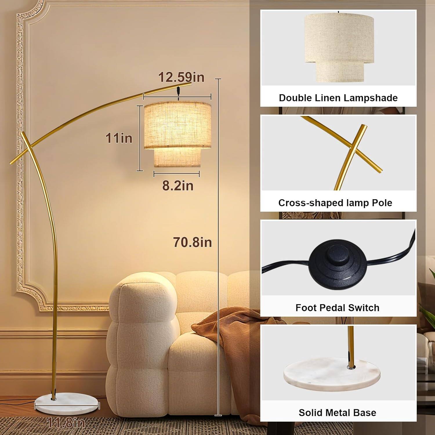 - Double Linen Lampshade: 12.59in x 11in x 8.2in
- Cross-shaped Lamp Pole: 70.8in
- Foot Pedal Switch
- Solid Metal Base: 11.8in
