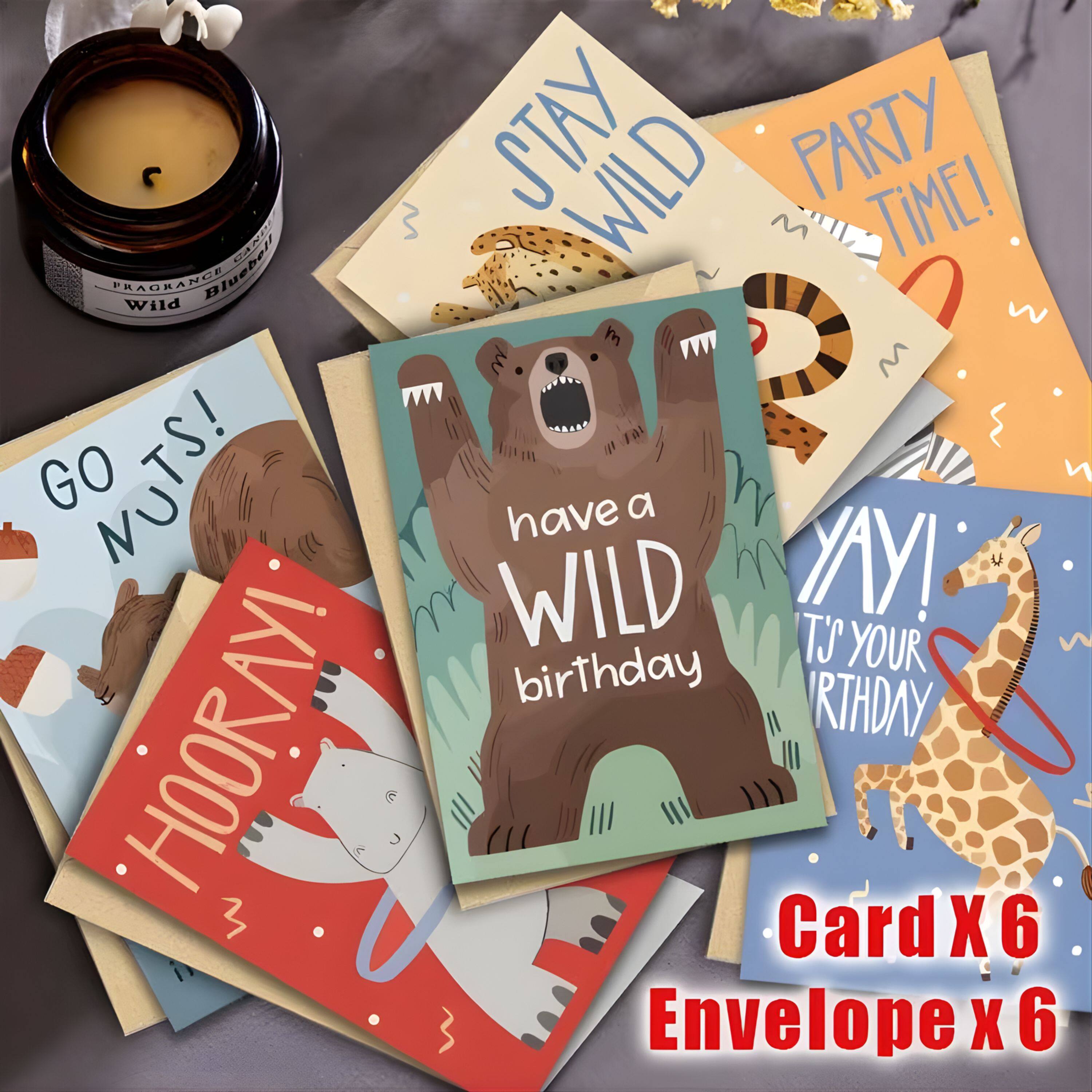 STAY WILD PARTY TIME!  
FRAGRANCE Wild Bluebell  
GO NUTS!  
have a WILD birthday  
HOORAY!  
IT'S YOUR BIRTHDAY  
Card X 6  
Envelope X 6