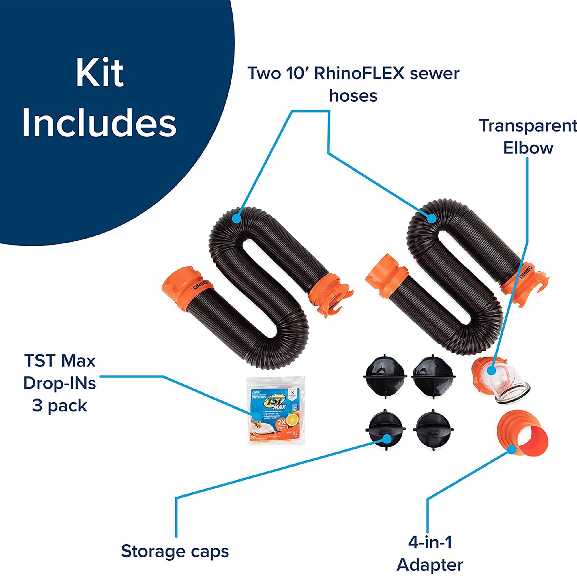 Kit Includes:

- Two 10' RhinoFLEX sewer hoses
- Transparent Elbow
- ONE ONI TST Max Drop-INs 3 pack
- 3 Aa TST MAX RO
- 2X Storage caps
- 4-in-1 Adapter