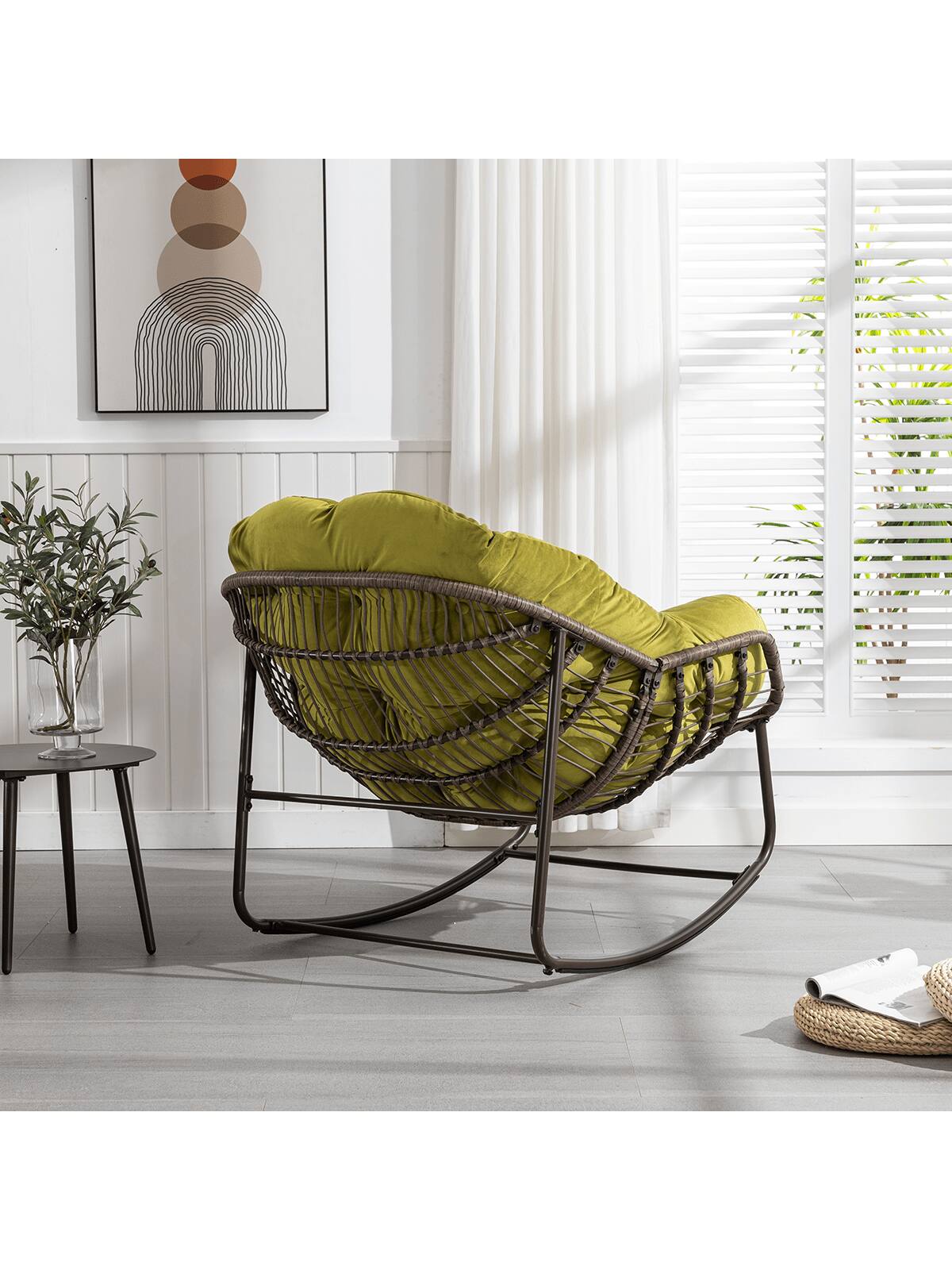 Angle. Trinkets Crazed - Outdoor Patio Rocking Chair Set Of 2,Comfy Wicker Rocker Chair With Padded Cushion,Oversized Rattan Papasan Egg Chair - Olive Green.