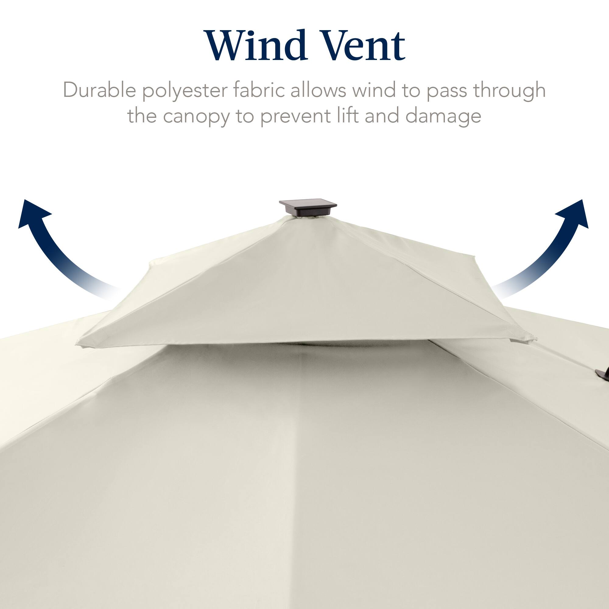 Wind Vent  
Durable polyester fabric allows wind to pass through the canopy to prevent lift and damage