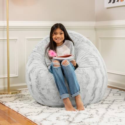Front. Jaxx - Jaxx Cocoon 4 Foot Bean Bag Chair - Faux Fur, Silver - Faux Fur - Silver.
