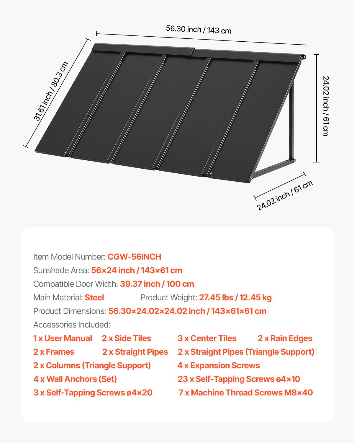 VEVOR Fixed Metal Awning 56 x 24 in, Window Awning Door Canopy