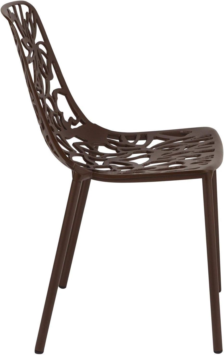 Left. LeisureMod - Devon (Set of 4) Modern Floral Stackable Aluminum Chair - Weather Resistant Indoor/Outdoor Dining Chair - Brown.