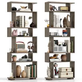 Gymax - Set of 2 6-tier Storage Bookshelf w/Anti-toppling Kits Decorative Room Divider Walnut - Brown