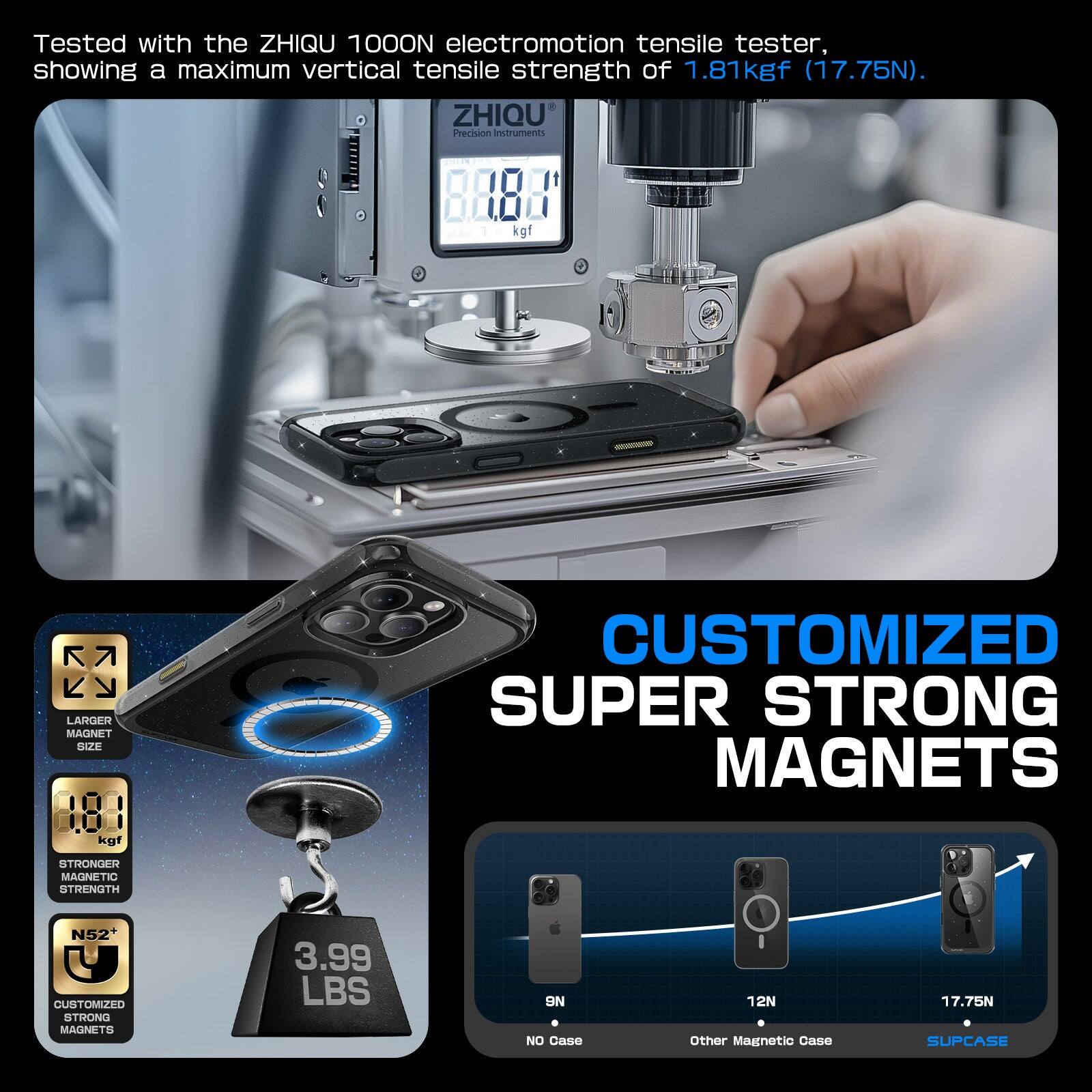 Tested with the ZHIQU 100ON electromotion tensile tester, showing a maximum vertical tensile strength of 1.81 kgf (17.75N). ZHIQU Precision Instruments kgf LARGER MAGNET SIZE 181 kgf CUSTOMIZED SUPER STRONG MAGNETS STRONGER MAGNETIC STRENGTH N52+ U CUSTOMIZED STRONG MAGNETS 3.99 LBS 9N NO Case 12N Other Magnetic Case 17.75N SUPCASE