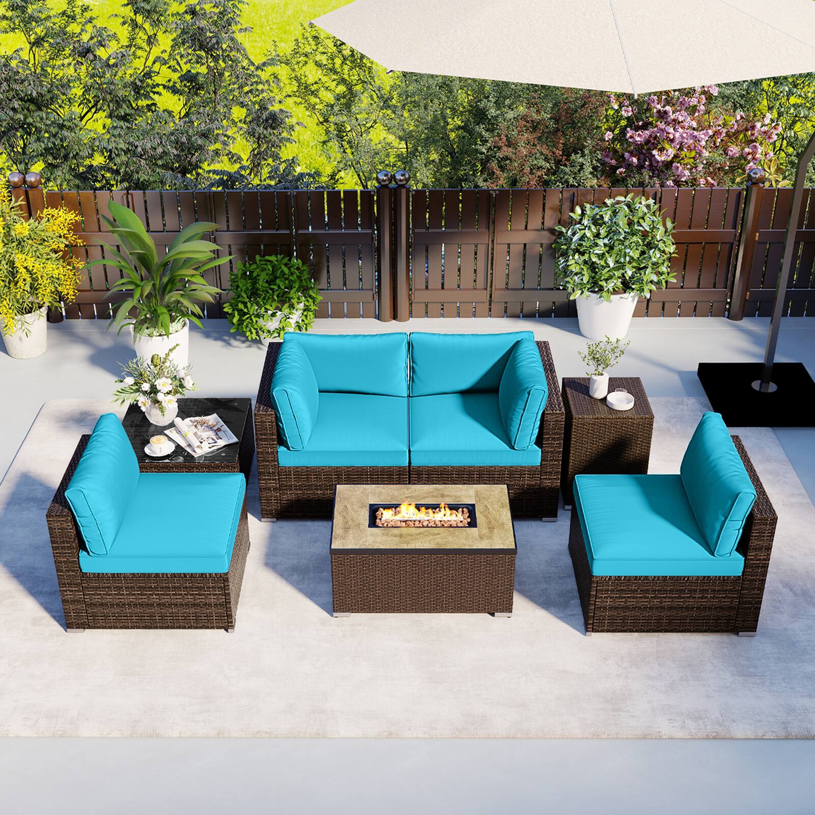Alt View 1. Costway - Costway 7 Pieces Outdoor Furniture Set with 32" Fire Pit Table and Propane Tank Cover - Turquoise.