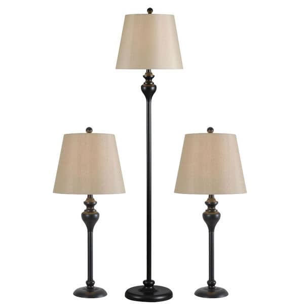 Hivvago - 3-Piece Floor Lamp and Table Desk Lamp Set in Black with Light Gold Drum Shades - Black/Gold