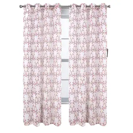 Front. RT Designers Collection - RT Designers Collection Crown Grommet Metallic Sheer Printed Doily Curtain Panel Pair 36" x 84" Burgundy - Burgundy.